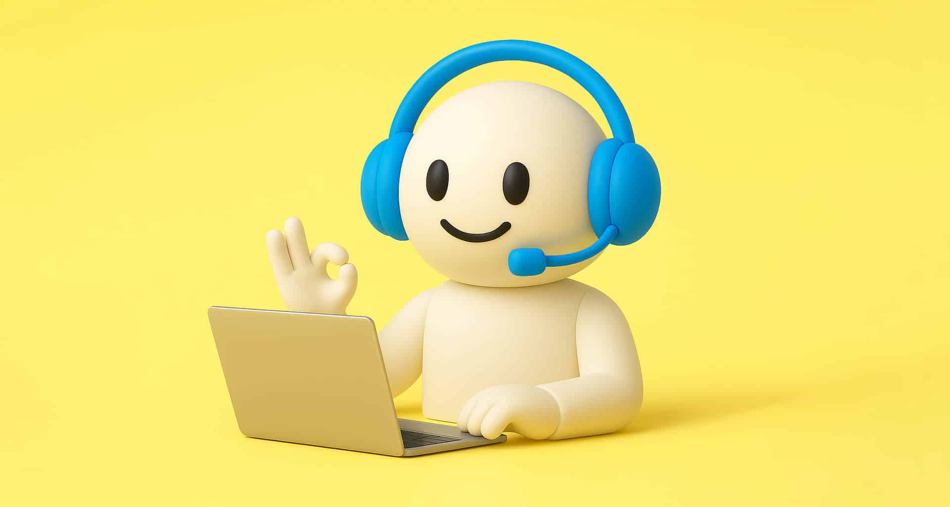 Tekoälypuhebotti näyttää OK-merkin – sininen kuulokemikrofoni ja kannettava keltaisella taustalla.