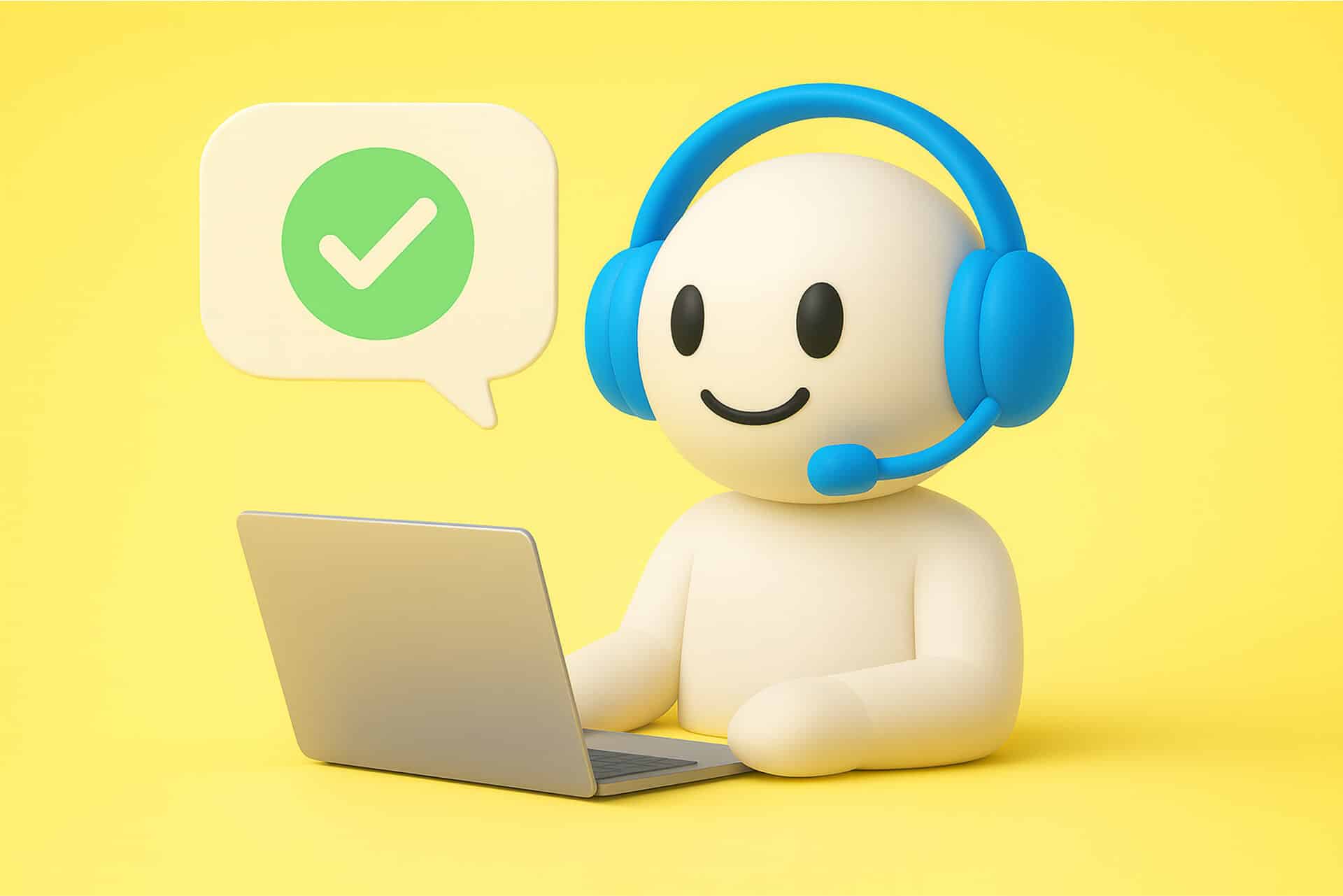 Puhebotti 3D-hahmo kuulokemikrofonissa käyttää kannettavaa; puhekuplassa vihreä hyväksyntämerkki — AI-asiakaspalvelu.
