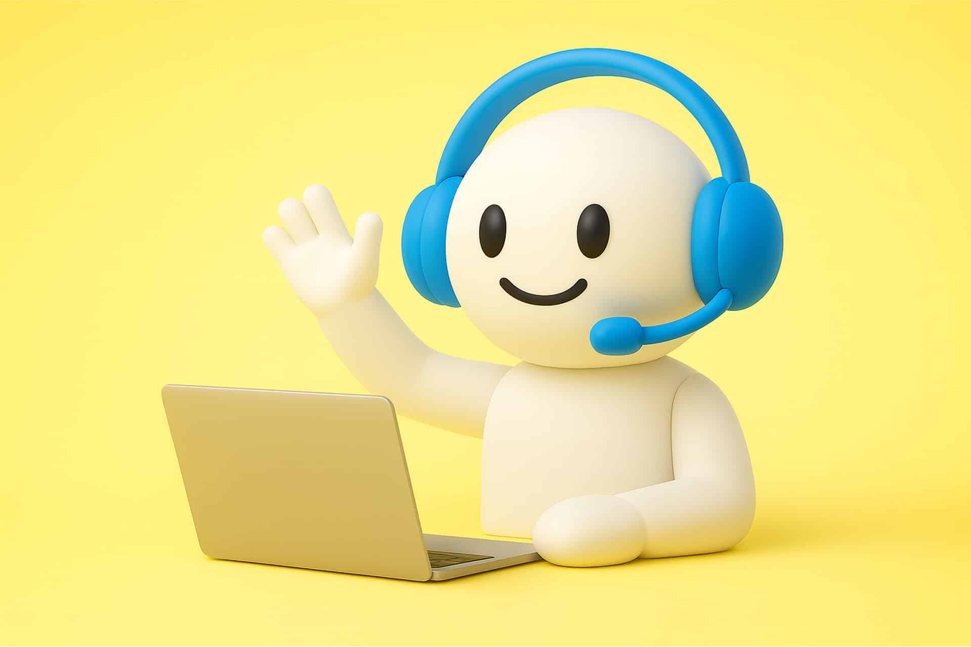 Puhebotti tervehtii – sininen kuulokemikrofoni ja kannettava keltaisella taustalla.