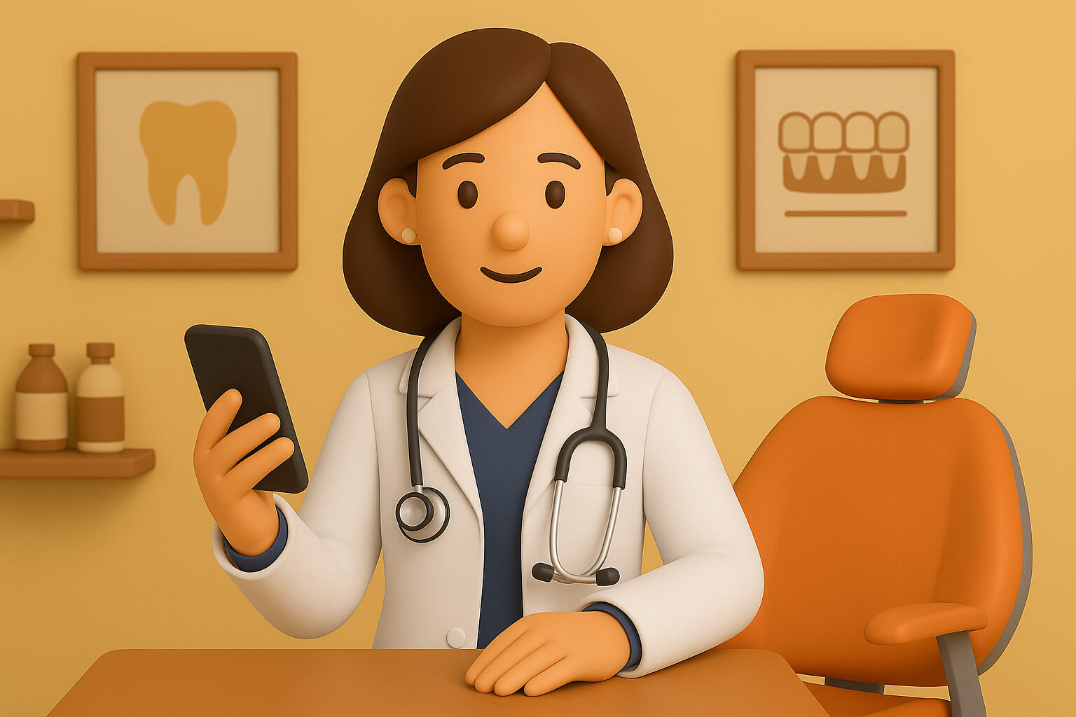 3D-hammaslääkäri hymyilee ja pitelee älypuhelinta hammaslääkärin tuolin vieressä