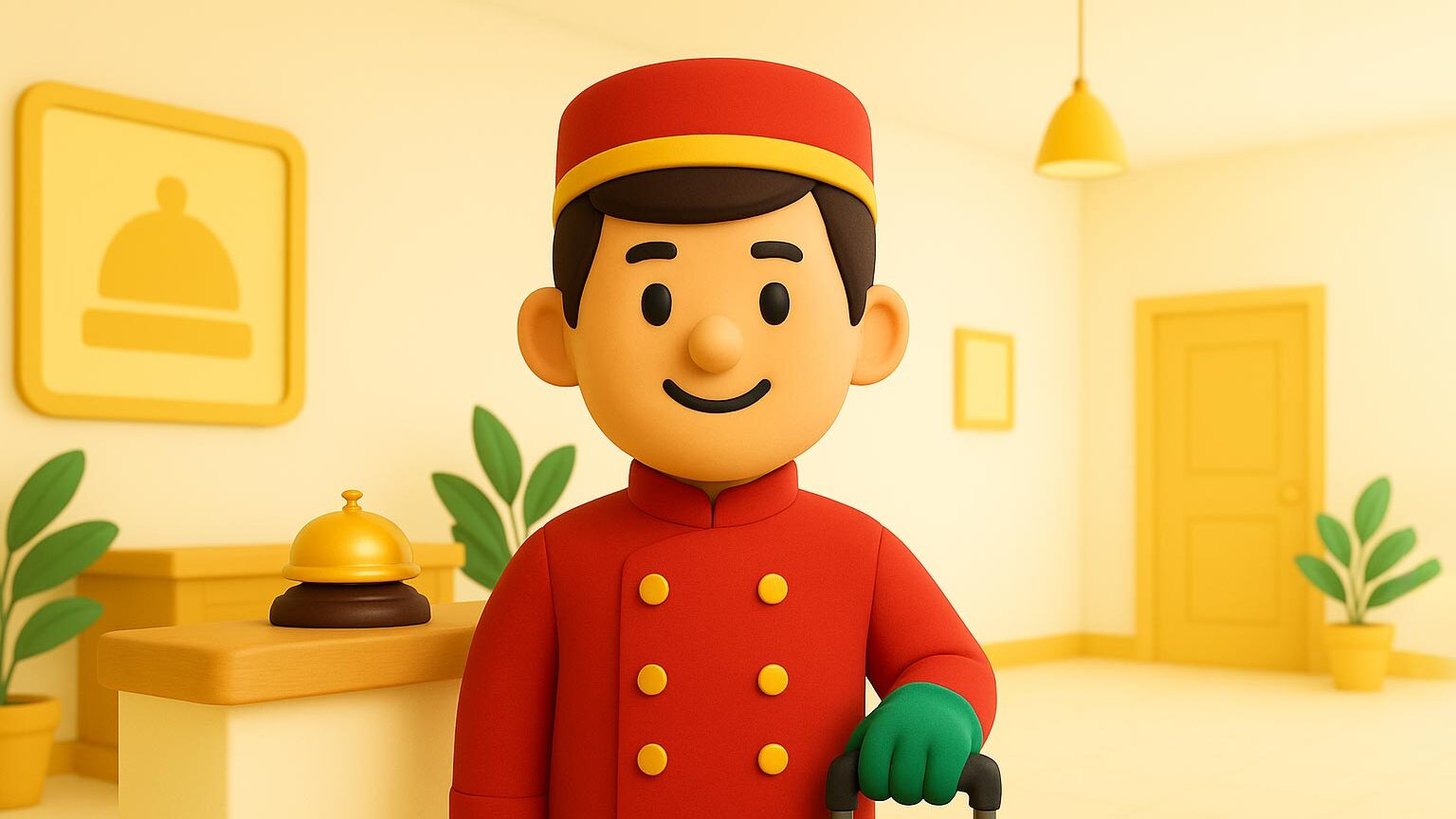 3D-aulapalvelija punaisessa univormussa palvelukellon ja matkalaukun kanssa hotellin vastaanotossa – puhebotti tekee majoitus varaukset ja lähettää ohjeet automaatiolla.