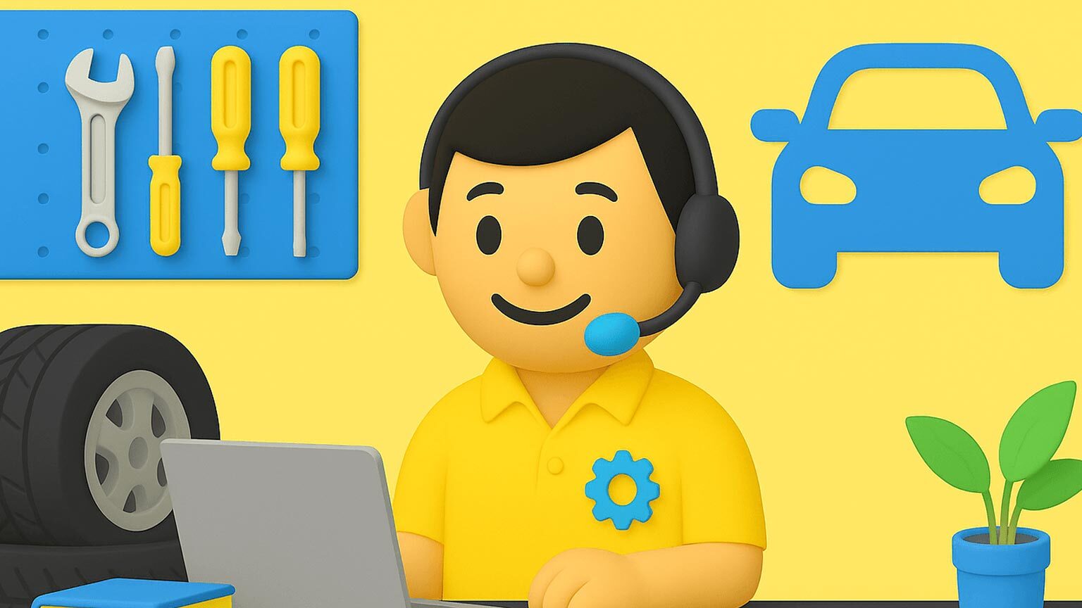 3D-huoltoneuvoja headsetillä tietokoneen äärellä; taustalla työkalut ja rengas – puhebotti hoitaa huoltovaraukset ja lisäpalvelut automaattisesti.