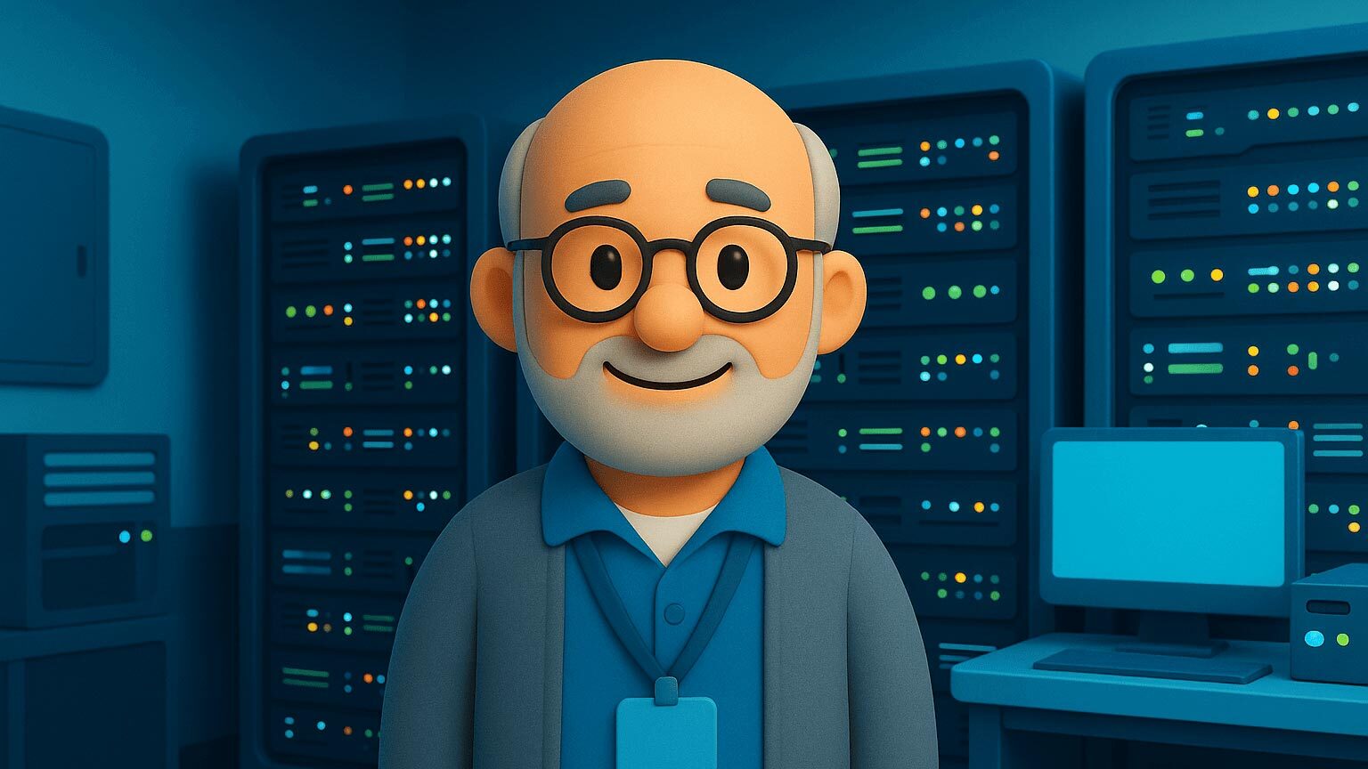 3D-IT-asiantuntija palvelinhuoneessa; taustalla räkkejä ja näyttö – puhebotti kerää laite- ja käyttäjätiedot ja avaa tiketin automaattisesti.