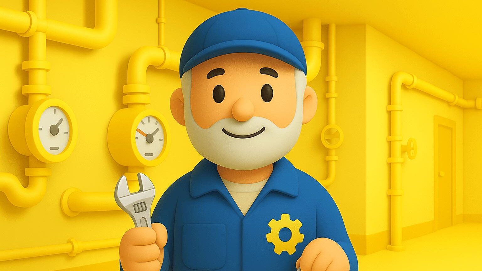 3D-kiinteistönhuoltaja sinisessä työasussa pitelee jakoavainta ja avainnippua keltaisessa putkistotilassa – puhebotti automatisoi vikailmoitukset 24/7.