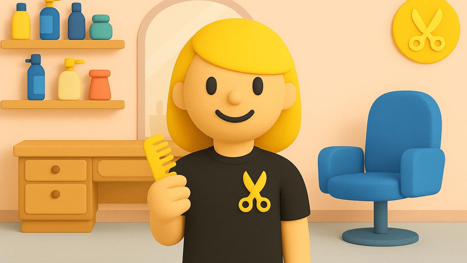 3D-kampaaja kammalla kampaamossa; hyllyt, tuoli ja saksi-logo taustalla – puhebotti varaa ajat ja täyttää peruutuspaikat automaatiolla.