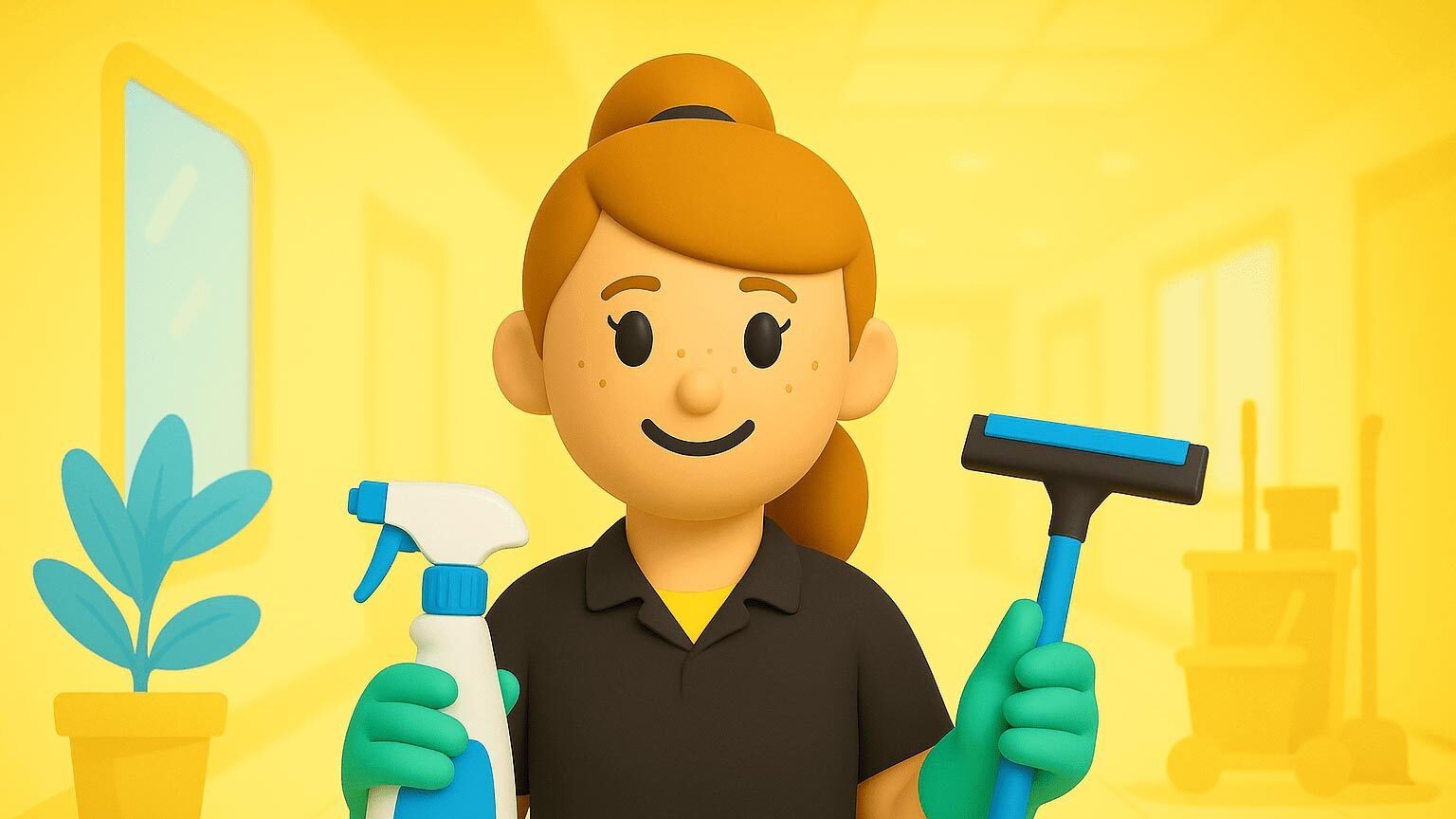 Siivouspalvelut: 3D-siivooja kumihanskoissa pitelee suihkepulloa ja ikkunalastaa toimistokäytävällä – puhebotti hoitaa varaukset ja muutokset automaatiolla.