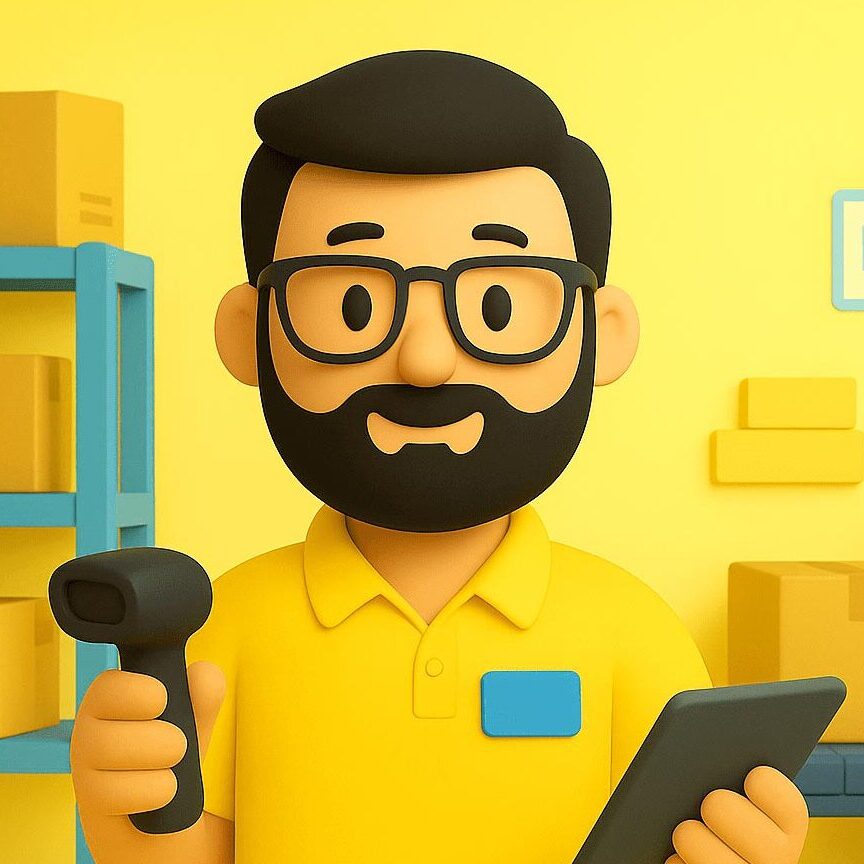 3D-varastotyöntekijä viivakoodinlukijalla ja tabletilla; taustalla hyllyt, laatikot ja tarratulostin – puhebotti antaa seurantalinkit ja noutoajat 24/7.