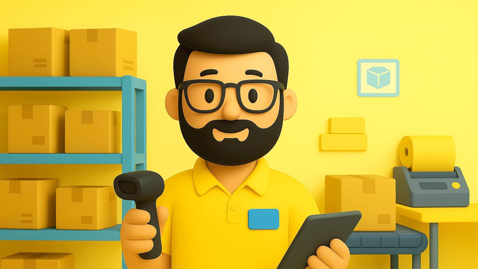 3D-varastotyöntekijä viivakoodinlukijalla ja tabletilla; taustalla hyllyt, laatikot ja tarratulostin – puhebotti antaa seurantalinkit ja noutoajat 24/7.