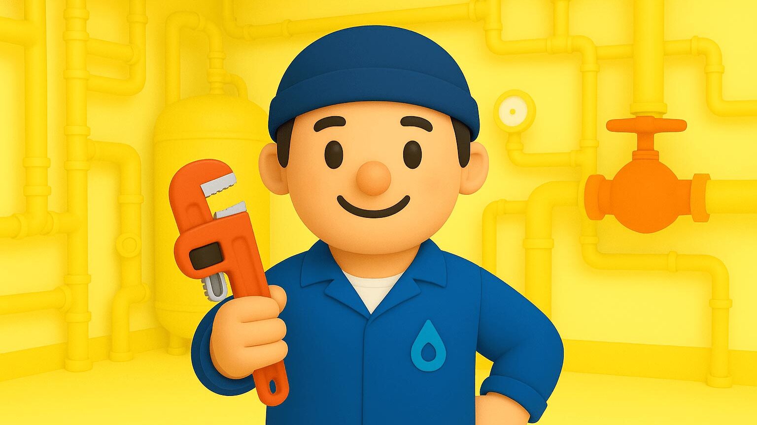 3D-LVI-asentaja sinisessä työasussa pitelee putkiavainta keltaisen putkiston edessä – suomenkielinen puhebotti kirjaa tiedot ja ohjaa päivystykseen.